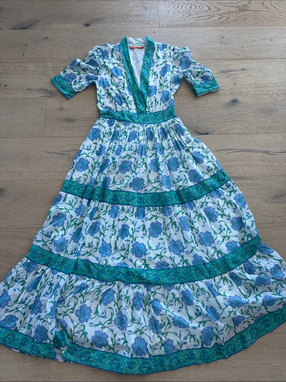 Oliphant V-Neck Cuffed Maxi Poppy Blue Maxi Dress Size XXS Cotton Made in India - Picture 2 of 9